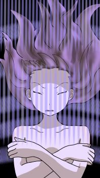 1girl armpit_crease breasts brown_eyes brown_hair closed_eyes collarbone completely_nude covering_breasts covering_privates crossed_arms curled_fingers digimon digimon_frontier energy eyelashes f20000 facing_viewer female_focus fingernails floating_hair henshin highres long_hair matching_hair/eyes neck nude original out-of-frame_censoring purple_theme serious sidelocks small_breasts spirit_evolution topless_frame upper_body wavy_hair