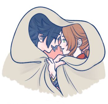 Rule 34 | 105zz, 1boy, 1girl, aerith gainsborough, bangle, black hair, blanket, bracelet, braid, braided ponytail, brown hair, chinese commentary, closed mouth, commentary request, couple, crisis core: final fantasy vii, facing another, final fantasy, final fantasy vii, final fantasy vii remake, forehead-to-forehead, from side, green eyes, heads together, hetero, holding, holding blanket, jacket, jewelry, long hair, looking at another, open mouth, parted lips, profile, red jacket, shared blanket, smile, spiked hair, upper body, white background, zack fair