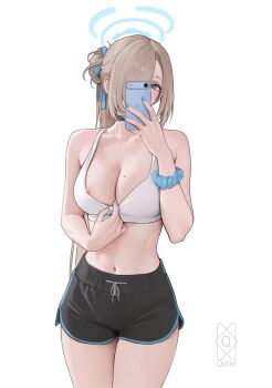 1girl absurdres alternate_costume alternate_hairstyle asuna_(blue_archive) black_choker black_shorts blonde_hair blue_archive blue_eyes blue_halo blue_nails bra bra_pull breasts cellphone choker cleavage clothes_pull commentary dolphin_shorts halo highres holding holding_phone large_breasts long_hair looking_at_viewer mole mole_on_breast nail_polish navel nipple_slip nipples phone ponytail pulling_own_clothes quilm scrunchie shorts simple_background smartphone solo sports_bra sports_bra_pull standing underwear white_background wrist_scrunchie