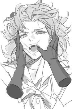 Rule 34 | 1boy, bow, disembodied hand, fangs, finger to mouth, grabbing another's face, greyscale, head grab, highres, identity v, laji0541, looking at viewer, male focus, marcus thorne, monochrome, open mouth, scar, scar on face, wavy hair