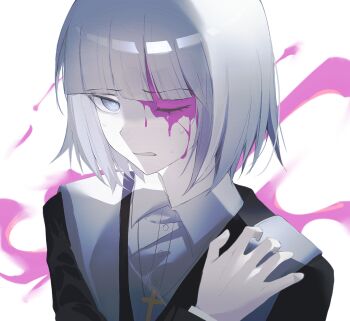 1boy black_jacket blood blood_from_forehead blood_on_face blue_eyes buttons chinese_commentary clenched_teeth collared_shirt commentary_request danganronpa_another danganronpa_another:_another_despair_academy hand_on_own_shoulder highres jacket long_sleeves male_focus one_eye_closed pink_blood rafag sanpaku shirt short_hair solo stole sweat teeth uehara_kinji upper_body white_background white_hair white_shirt