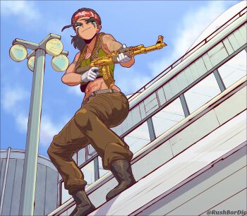 1girl abs ak-47 assault_rifle bandolier belt black_boots black_hair blue_sky boots brown_pants building bullet closed_mouth cloud commentary commission counter-strike_(series) counter-strike_2 crop_top day english_commentary facepaint full_body gloves green_tank_top guerrilla_warfare_(counter-strike) gun gun_decal headband highres holding holding_gun holding_weapon hugo_(rushbordie) kalashnikov_rifle lamppost looking_afar midriff navel outdoors pants red_headband rifle short_hair sky smile solo tank_top toned toned_female weapon white_gloves