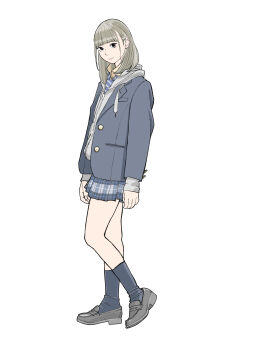 1girl absurdres black_eyes blue_necktie blunt_bangs brown_hair brown_shoes coat full_body grey_coat highres hood hoodie light_smile loafers long_hair long_sleeves necktie original sakamoto_giulietta school_uniform shoes simple_background socks standing striped_necktie thighs white_background zipper