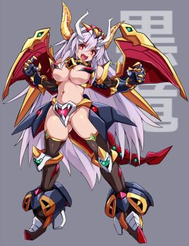 +_+ 1girl :d armor bikini_armor breasts demon_girl demon_horns demon_tail demon_wings elbow_gloves faulds full_body gauntlets gloves highres horns karukan_(monjya) large_breasts long_hair looking_at_viewer mecha_musume mechanical_tail navel no_panties open_mouth personification purple_hair red_eyes satan_gundam sd_gundam_gaiden smile solo standing symbol-shaped_pupils tail thighhighs very_long_hair wings