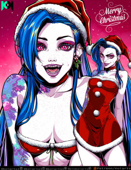 1girl :d absurdres arms_behind_back asymmetrical_bangs bare_shoulders bikini braces breasts choker cleavage collarbone cowboy_shot dress earrings fur-trimmed_bikini fur-trimmed_dress fur-trimmed_headwear fur_trim hat highres jewelry jinx_(league_of_legends) koiarts league_of_legends medium_breasts merry_christmas mistletoe_earrings multiple_views off_shoulder open_mouth pale_skin pink_background pink_eyes red_choker santa_bikini santa_costume santa_dress santa_hat shoulder_tattoo smile swimsuit tattoo