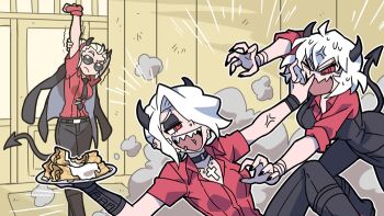 3girls anger_vein black_horns black_jacket black_nails black_pants black_tail black_vest breasts choker commentary cross cross_necklace demon_girl demon_horns demon_tail dust_cloud earrings eyeshadow face_piercing fighting fingerless_gloves food food_bite gloves hair_over_one_eye hand_on_another's_face helltaker holding holding_plate horns indoors jacket jacket_on_shoulders jewelry justice_(helltaker) kyo-hei_(kyouhei) lip_piercing makeup malina_(helltaker) multiple_girls necklace necktie open_mouth pancake pants piercing plate red_eyes red_gloves red_shirt sharp_teeth shirt short_hair short_sleeves siblings sisters smile stretching sunglasses sweat symbol-only_commentary tail teeth tie_clip tongue tongue_piercing vest white_hair wristband zdrada_(helltaker)