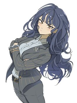1girl blue_hair blush breasts brown_eyes closed_mouth collared_shirt crossed_arms darkgreyclouds earrings formal_clothes grey_jacket grey_pants grey_shirt hashtag-only_commentary jacket jewelry kashimoto_riko large_breasts long_hair long_sleeves looking_at_viewer pants pinstripe_pattern pinstripe_suit shirt simple_background solo suit umamusume white_background