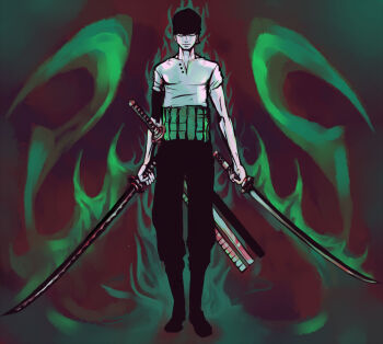 1boy aura bandana black_pants closed_mouth commentary doubleragnarok dual_wielding earrings full_body green_aura haramaki holding holding_sword holding_weapon jewelry katana looking_at_viewer male_focus one_piece pants roronoa_zoro serious shirt short_hair single_earring solo sword weapon white_shirt