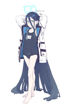 Rule 34 | 1girl, aris (blue archive), barefoot, black hair, blue archive, blue eyes, blue one-piece swimsuit, blush, flat chest, full body, hair between eyes, hairband, halo, highres, jacket, kbrg, long hair, looking at viewer, one-piece swimsuit, school swimsuit, simple background, smile, solo, swimsuit, very long hair, white background