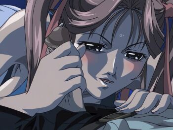 00s 1boy 1girl 2004 animated animated_gif bare_shoulders bible_black bible_black_new_testament blush brown_hair hair_ribbon handjob hetero lying masturbation night one-piece_swimsuit penis ribbon shin_bible_black short_twintails smile swimsuit tagme tan toudou_yuki twintails uncensored yoshitani_(bible_black)