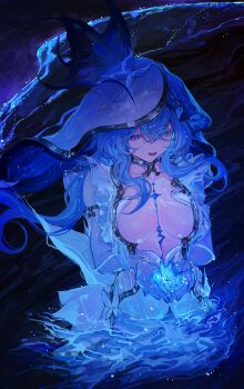 1girl absurdres armlet blue_butterfly blue_hair blue_veil breasts bug butterfly colored_eyelashes commentary cupping_hands dress hair_between_eyes highres insect jewelry long_hair medium_breasts open_mouth own_hands_together partially_submerged purple_eyes shorekeeper_(wuthering_waves) sleeveless sleeveless_dress smile solo two-tone_veil untranslatable_commentary veil white_veil wuthering_waves yuki_flourish