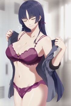 1girl absurdres akiba&#039;s_trip akiba&#039;s_trip_2 blurry blurry_background bra breasts cleavage closed_eyes collarbone commission highres hime_cut kasugai_shion lingerie long_hair open_mouth panties pink_bra pink_panties pixiv_commission purple_hair randompeeps smile solo underwear