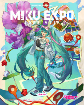 1girl :d aqua_eyes aqua_hair artist_name belt black_bag blue_pants bow brown_belt camera camisole commentary company_name copyright_logo copyright_name copyright_notice english_commentary english_text eyewear_on_headwear flower food full_body hat hatsune_miku hatsune_miku_expo highres holding holding_camera jacket logo long_hair meat multicolored_hair number_tattoo official_art open_clothes open_jacket open_mouth pants photo_(object) pink-tinted_eyewear pink_hair pinstripe_jacket pinstripe_pattern purple_flower second-party_source shoes shoulder_tattoo skewer smile solo star_(symbol) streaked_hair tattoo teeth tinted_eyewear tongue upper_teeth_only very_long_hair vocaloid webpage white_bow white_camisole white_hat white_jacket white_shoes yaoyaobae