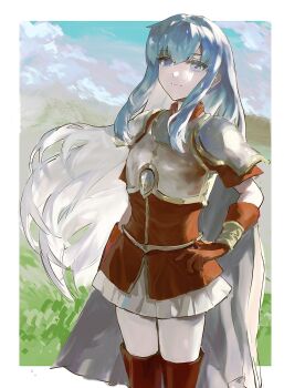 1girl absurdres aqua_hair armor blue_eyes blue_sky boots border chinese_commentary commentary_request day eirika_(fire_emblem) fire_emblem fire_emblem:_the_sacred_stones gloves greatclean grey_hair hand_on_own_hip highres long_hair looking_at_viewer multicolored_hair nintendo outdoors outside_border red_boots red_gloves shoulder_armor sky smile solo standing thigh_boots thighs very_long_hair white_border white_hair