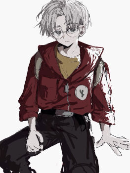 Rule 34 | 1boy, black pants, commentary request, glasses, grey eyes, grey hair, hair intakes, highres, jacket, lloyd (mother), looking at viewer, male focus, middle part, mother (series), mother 1, nintendo, pants, red jacket, round eyewear, sitting, skirt, solo, wa noko, yellow skirt