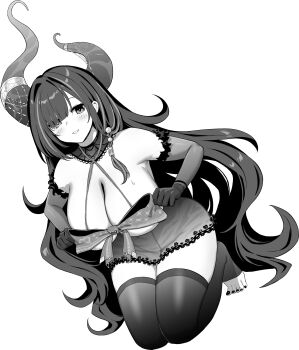 1girl azur_lane azur_lane:_slow_ahead black_nails black_thighhighs blush bow bow_bra bra breasts cleavage commentary_request elbow_gloves gloves greyscale highleg highleg_panties highres hori_(hori_no_su) horns huge_breasts long_hair looking_at_viewer monochrome multicolored_hair official_alternate_costume official_art panties parted_lips queen_anne&#039;s_revenge_(azur_lane) queen_anne&#039;s_revenge_(call_of_the_creeping_embrace)_(azur_lane) ribbon_as_bra simple_background solo streaked_hair thighhighs toeless_legwear underwear very_long_hair white_background