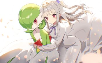 2girls angelica_n19 backlighting blush bob_cut breasts chromatic_aberration closed_mouth collared_dress colored_skin cowboy_shot dress female_focus flat_chest gardevoir gen_3_pokemon green_hair green_skin hair_bobbles hair_ornament hair_over_one_eye happy hug hug_from_behind leaning_forward long_dress long_hair looking_afar looking_at_viewer multicolored_skin multiple_girls neck_ribbon nintendo one_eye_covered one_side_up original petals pokemon pokemon_(creature) purple_ribbon red_eyes ribbon short_hair sidelocks simple_background small_breasts smile split_mouth standing two-tone_skin white_background white_dress white_hair white_skin