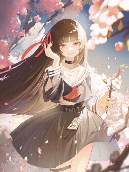 1girl black_hair black_serafuku black_shirt black_skirt chisa_(wuthering_waves) closed_mouth collarbone commentary flower hair_ribbon hand_up highres holding holding_flower id_card liznoom long_hair looking_at_viewer mole mole_under_eye red_eyes red_ribbon ribbon sailor_collar school_uniform serafuku shirt skirt smile solo thigh_strap white_sailor_collar wind wuthering_waves