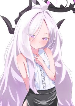 1girl absurdres ahoge black_halo black_skirt blue_archive blush commentary_request demon_girl demon_horns halo highres hina_(blue_archive) horns long_hair looking_at_viewer partial_commentary purple_eyes sahinaro simple_background skirt solo very_long_hair white_background white_hair