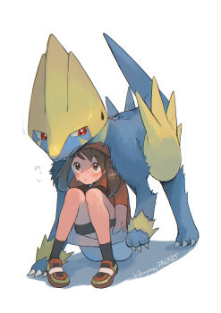 1girl bandana bike_shorts blush brown_eyes brown_hair commentary_request crying gen_3_pokemon highres kikuyoshi_(tracco) knees manectric may_(pokemon) nintendo pokemon pokemon_(creature) pokemon_rse shirt shoes short_sleeves signature sitting skirt socks tears white_background