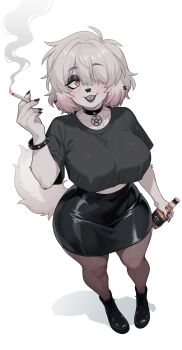 1girl absurdres alcohol animal_ears animal_nose ankle_boots black_boots black_choker black_eyeshadow black_lips black_nails black_shirt black_skirt body_fur boots bottle bracelet breasts brown_eyes brown_thighhighs choker cigarette commentary crazysnuft crop_top crop_top_overhang dog_ears dog_girl dog_tail drop_shadow ear_piercing english_commentary eyeshadow face_piercing facing_viewer freckles from_above full_body furry furry_female goth_fashion hair_intakes hair_over_one_eye high-waist_skirt highres holding holding_bottle holding_cigarette jewelry lace-up_boots large_breasts latex_skirt looking_at_viewer makeup midriff miniskirt nose_piercing open_mouth original pencil_skirt pendant_choker pentagram pentagram_pendant piercing shirt short_hair simple_background skirt smile smoke smoke_trail smoking solo spiked_bracelet spikes tail thighhighs tongue_piercing white_background white_fur white_hair