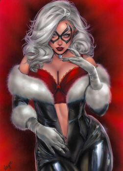 Rule 34 | 1girl, absurdres, big hair, black background, black bodysuit, black cat (marvel), black mask, blue eyes, bodysuit, bow, bow bra, bra, breasts, bylayne, clawed gloves, cleavage, closed mouth, commentary, cowboy shot, curtained hair, domino mask, eye mask, felicia hardy, fluffy hair, fur-trimmed bodysuit, gloves, gradient background, grey hair, hand on own chest, highres, holding zipper pull tab, lace, lace-trimmed bra, lace trim, large breasts, latex, latex bodysuit, linea alba, long hair, looking at viewer, marvel, mask, mole, mole under mouth, pendant choker, red background, red bra, red lips, signature, solo, underwear, unzipped, white gloves