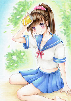 1girl arukapismillust blue_sailor_collar blue_skirt blush brown_hair can closed_mouth collarbone commentary_request crop_top cropped_shirt drink_can grey_eyes hair_ornament hair_scrunchie hand_up high_ponytail holding holding_can marker_(medium) medium_hair midriff navel on_ground original pink_scrunchie pleated_skirt polka_dot polka_dot_scrunchie ponytail sailor_collar school_uniform scrunchie serafuku shirt short_sleeves sitting skirt smile solo traditional_media wariza white_shirt wispy_bangs