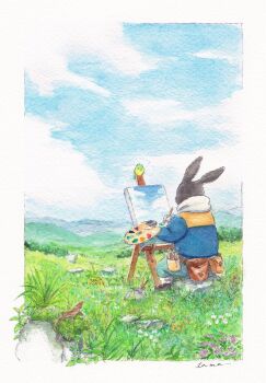 1other aqua_pants belt belt_pouch bird black_shoes blue_flower blue_hoodie blue_sky border brown_belt bucket canvas_(object) cloud commentary day easel flower furry grass green_bird highres holding holding_paint_palette holding_paintbrush hood hood_down hoodie lizard on_rock orange_flower original outdoors outside_border paint_palette paintbrush painting_(action) painting_(object) pants pouch purple_flower rabbit red_flower rock shoes signature sitting sky solo tama_(amedamadou) white_border white_flower