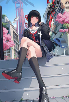 1girl absurdres black_choker black_hair black_jacket black_serafuku black_shirt black_shoes black_skirt black_socks blue_sky car chisa_(wuthering_waves) choker commentary crossed_legs day dutch_angle hair_ribbon highres hime_cut jacket kneehighs long_hair motor_vehicle neckerchief open_clothes open_jacket open_mouth outdoors pleated_skirt red_eyes red_neckerchief red_ribbon ribbon saiivia sailor_collar school_uniform serafuku shirt shoes sitting sitting_on_stairs skirt sky socks solo stairs sword torn_clothes torn_shirt weapon white_sailor_collar wuthering_waves