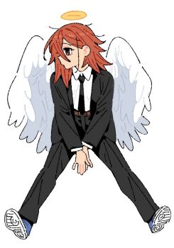 1boy androgynous angel_devil_(chainsaw_man) angel_wings black_jacket black_necktie black_pants black_suit blue_shoes brown_eyes brown_hair chainsaw_man collared_shirt commentary formal_clothes full_body hair_between_eyes halo jacket kkangmuu long_hair male_focus messy_hair necktie pants shirt shoes sitting sneakers solo suit suit_jacket symbol-only_commentary white_background white_shirt white_wings wings