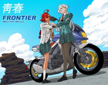 2girls absurdres black_hairband black_pantyhose black_socks blue_sky closed_eyes closed_mouth cloud collared_shirt commentary_request crossed_arms day green_jacket green_skirt grey_eyes gundam gundam_aerial gundam_suisei_no_majo gundam_suisei_no_majo:_seishun_frontier hairband highres jacket korean_commentary long_hair miorine_rembran motor_vehicle motorcycle multiple_girls necktie open_mouth outdoors pantyhose plaid_clothes plaid_skirt pleated_skirt red_hair red_necktie school_uniform shirt skirt sky smile snapagi socks suletta_mercury thick_eyebrows white_hair white_shirt white_socks yellow_necktie