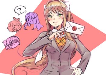 blazer blue_skirt blush bow breasts brown_hair card doki_doki_literature_club glitch green_eyes grey_jacket hair_bow hair_ornament hair_ribbon hairclip jacket lithety long_hair looking_at_viewer monika_(doki_doki_literature_club) natsuki_(doki_doki_literature_club) nintendo open_mouth orange_vest ponytail ribbon sayori_(doki_doki_literature_club) school_uniform skirt smash_invitation smile super_smash_bros. very_long_hair vest white_ribbon yuri_(doki_doki_literature_club)