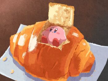 blue_eyes blush_stickers brown_background closed_mouth commentary_request croissant food highres in_food kirby kirby_(series) lying miclot nintendo no_humans on_back