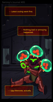 Rule 34 | 1girl, armor, artist name, assault visor, broken glass, commentary, crossed arms, english commentary, glass, highres, max kay, metroid, metroid (creature), metroid prime 1, nintendo, power armor, power suit (metroid), red armor, samus aran, sitting, speech bubble, two-tone armor, varia suit