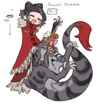 1girl black_hair blush_stickers claws closed_eyes commentary_request english_text fang full_body fur-tipped_tail highres holding holding_stuffed_toy mixed-language_text monsha_moa monster_girl multicolored_hair original ripping short_hair simple_background solo streaked_hair stuffed_animal stuffed_toy stuffing tail taur teddy_bear translation_request white_background