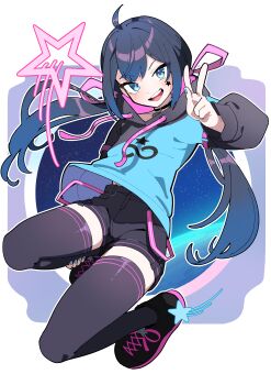 1girl absurdres ahoge blue_eyes hanten_(hantennano) highres indie_virtual_youtuber long_hair mugen_mochi shoes shorts solo thighhighs v virtual_youtuber