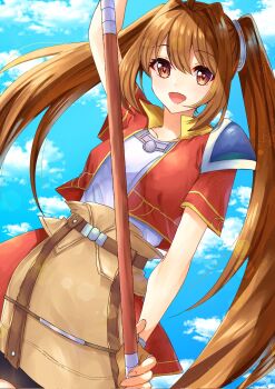 1girl antenna_hair armor bike_shorts blue_sky bo_staff brown_gloves commentary_request cropped_jacket double-parted_bangs eiyuu_densetsu estelle_bright fingerless_gloves gloves hair_intakes highres holding holding_staff nu_bo_bo_o open_mouth orange_skirt pauldrons shoulder_armor single_pauldron skirt sky sora_no_kiseki staff twintails