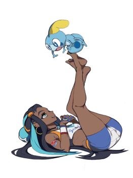 1girl balancing bike_shorts bikini black_hair blue_eyeshadow blue_gloves blue_hair blue_shorts commentary_request dark-skinned_female dark_skin dive_ball earclip earrings eyeshadow full_body gen_8_pokemon gloves gratin_gratin hair_bun half_gloves highres hoop_earrings interlocked_fingers jewelry legs_up looking_at_another looking_down lying makeup multicolored_hair nessa_(pokemon) nintendo on_back open_mouth poke_ball poke_ball_hair_ornament pokemon pokemon_(creature) pokemon_on_leg pokemon_swsh shorts simple_background single_glove single_hair_bun sobble sports_bikini swimsuit tankini teeth two-tone_hair two-tone_shorts upper_teeth_only white_background white_bikini white_shorts wristband