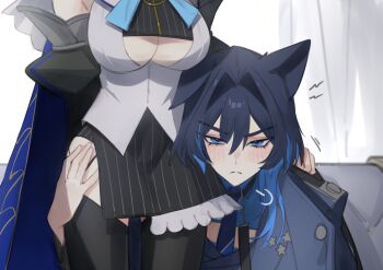 2girls absurdres animal_ears black_hair black_thighhighs blue_eyes blue_hair blue_necktie blush breasts colored_inner_hair dog_ears dual_persona frown hair_between_eyes hair_intakes hand_on_another&#039;s_shoulder hand_on_another&#039;s_thigh head_out_of_frame highres hololive hololive_english hunk_404 kemonomimi_mode large_breasts looking_at_viewer multicolored_hair multiple_girls necktie official_alternate_costume official_alternate_hairstyle ouro_kronii ouro_kronii_(1st_costume) ouro_kronii_(4th_costume) pinstripe_pattern pinstripe_skirt short_hair thighhighs two-tone_hair virtual_youtuber