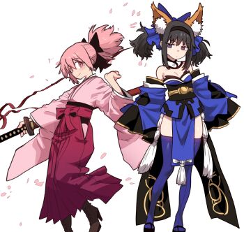 Rule 34 | 2girls, absurdres, akemi homura, animal ears, black bow, black hair, blue kimono, blue thighhighs, bow, cosplay, ebora, fate/extra, fate/grand order, fate (series), fox ears, fox girl, fox tail, gudaguda meiji ishin, hakama, hakama skirt, highres, japanese clothes, kaname madoka, katana, kimono, koha-ace, long hair, mahou shoujo madoka magica, meiji schoolgirl uniform, multiple girls, okita souji (fate), okita souji (first ascension) (fate), okita souji (koha-ace), okita souji (koha-ace) (cosplay), pink eyes, pink hair, pink kimono, purple eyes, red hakama, ribbon, saitou chiwa, skirt, sword, tail, tamamo no mae (fate), tamamo no mae (fate) (cosplay), thighhighs, twintails, voice actor connection, weapon, yuuki aoi