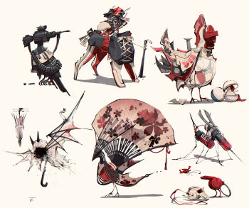 Rule 34 | absurdres, animal, animal focus, bat (animal), bird, bug, chicken, commentary request, dog, gashapon, gun, hand fan, highres, insect, mosquito, no humans, original, personification, shoes, simple background, sneakers, syringe, tsunzaki, umbrella, weapon, whistle