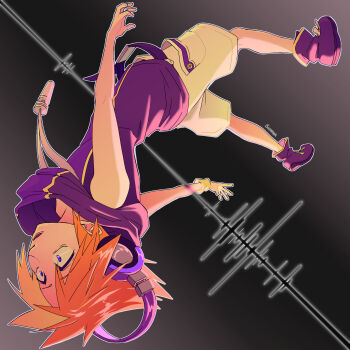 Rule 34 | 1boy, belt, black shirt, blue eyes, falling, headphones, loose belt, mp3 player, open mouth, sakuraba neku, shirt, shorts, sleeveless, sleeveless shirt, spiked hair, subarashiki kono sekai, sweatband, traumatized, white shorts