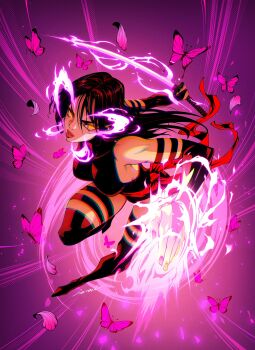 1girl armlet artist_name black_boots black_bridal_gauntlets black_hair black_leotard boots bridal_gauntlets bug butterfly chromatic_aberration comic_cover commentary cover cover_page curvy energy_sword full_body glowing glowing_eyes glowing_sword glowing_weapon godtail highleg highleg_leotard highres holding holding_sword holding_weapon insect jewelry katana leotard long_hair looking_to_the_side marvel official_art parted_lips pink_background pink_butterfly psylocke purple_background red_lips red_sash sash shiny_skin solo sword textless_cover_page textless_version thigh_boots thigh_strap weapon wide_hips x-men yellow_eyes