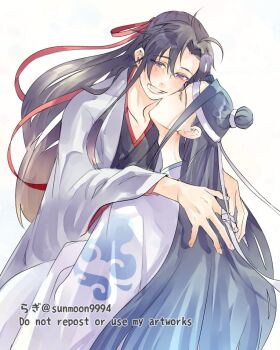 2boys ahoge black_hair black_hanfu blush carrying carrying_person chinese_clothes closed_eyes coat commentary_request couple grey_coat hair_down hair_ribbon half_updo hanfu headband hug kiss kissing_cheek lan_wangji long_hair long_sleeves looking_at_another male_focus modao_zushi multiple_boys official_alternate_costume official_alternate_hairstyle open_mouth purple_eyes red_ribbon ribbon robe sidelocks simple_background smile sunmoon9994 topknot twitter_username upper_body very_long_hair watermark wei_wuxian wei_wuxian_(yiling_laozu) white_background white_hanfu white_headband wide_sleeves xiao_guan_(headdress) yaoi