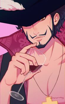 1boy absurdres alcohol bare_pectorals beard black_hair black_hat chinstrap_beard closed_mouth collarbone commentary cross cross_necklace cup dracule_mihawk english_commentary facial_hair hat hat_over_one_eye high_collar highres holding holding_cup jewelry kaizer_(kaizerxking) looking_at_viewer male_focus mature_male mustache necklace one_piece pectorals ringed_eyes short_hair solo upper_body wine
