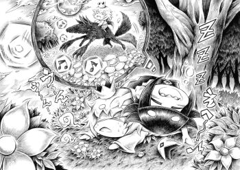 Rule 34 | 1boy, 1girl, beamed eighth notes, blind prince, blindfold, comic, crown, unworn crown, dreaming, dress, eighth note, flower, forest, grass, greyscale, hidefu kitayan, liar princess, liar princess (wolf form), long sleeves, lying, lying on person, monochrome, musical note, nature, on back, on stomach, open mouth, puffy short sleeves, puffy sleeves, quarter note, riding, sharp teeth, short sleeves, sleeping, sweat, teeth, tree, usotsuki hime to moumoku ouji, zzz