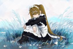 Rule 34 | 1girl, :3, apron, black dress, black footwear, blonde hair, boots, closed mouth, day, dress, flower, full body, grass, hair between eyes, highres, hugging own legs, inu dakisime, knees to chest, knees up, leaning forward, legs together, long dress, long hair, long sleeves, looking at viewer, maid, maid headdress, original, outdoors, sidelocks, sitting, smile, solo, twintails, very long hair, white apron, white flower, yellow eyes