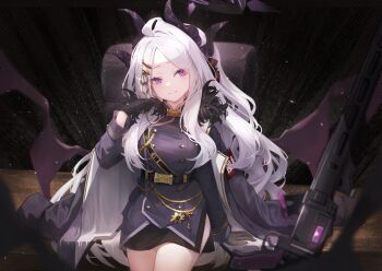 1girl absurdres ahoge black_gloves black_skirt blue_archive blush closed_mouth coat coat_on_shoulders demon_girl demon_horns demon_wings fur_collar gloves highres hina_(blue_archive) horns jacket long_hair looking_at_viewer magaqq123 ponytail purple_coat purple_eyes purple_jacket skirt smile solo white_hair wings