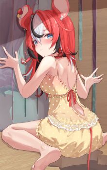 1girl animal_ear_fluff animal_ears babydoll barefoot black_hair blue_eyes braid bright_pupils colored_tips feet frilled_shorts frills from_behind hakos_baelz hakos_baelz_(strawberry_onesie) highres hololive hololive_english ilie_ilie indoors long_hair looking_at_viewer looking_back median_furrow mouse_ears mouse_girl mouse_tail multicolored_hair navel official_alternate_costume polka_dot_babydoll red_hair shorts side_braids sitting soles solo spaghetti_strap streaked_hair tail virtual_youtuber white_hair white_pupils yellow_babydoll yellow_shorts