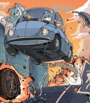 2girls animal_ears artist_name blue_archive blue_eyes building burning car cloud driving explosion grey_hair long_hair motor_vehicle multiple_girls orange_sky road shiroko_(blue_archive) shiroko_terror_(blue_archive) signature sky wheel whitydragon wolf_ears wolf_girl